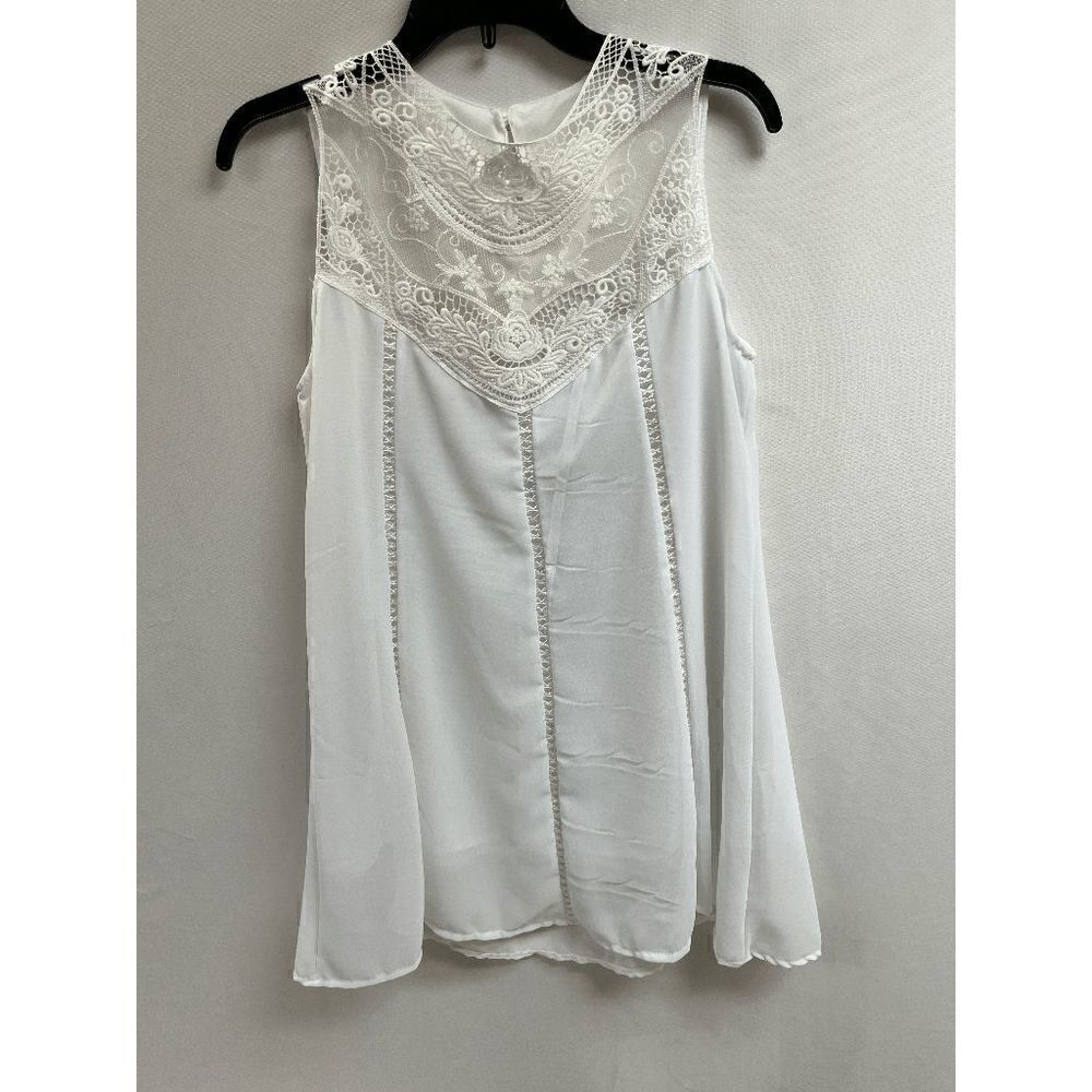Women Tunic Sleeveless Lace Flower Embroidery Crochet Top White Size Small